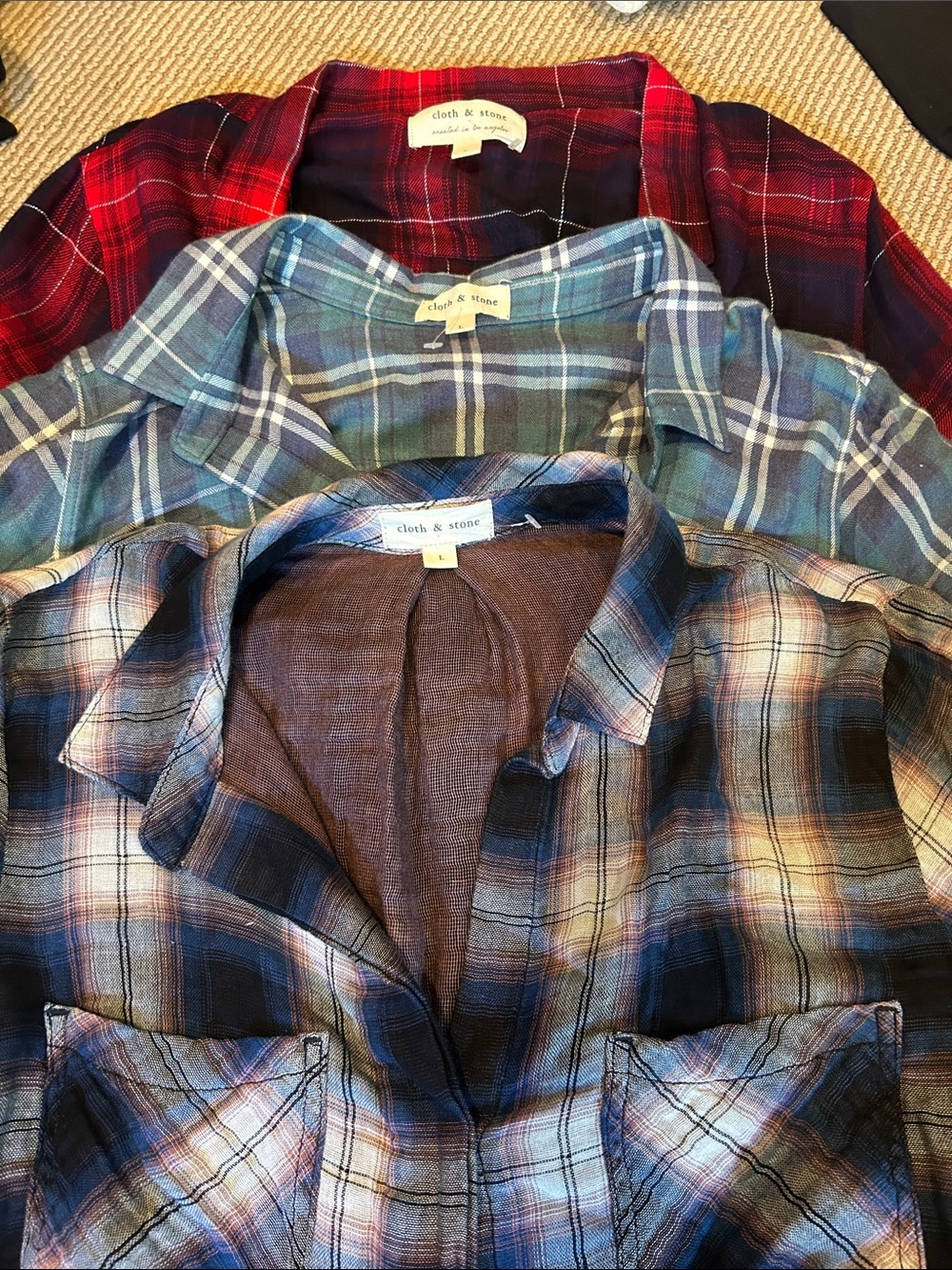 3 NWOT ANTHRO cloth & stone fall Plaid Button-Down Trio Red, Blue & Green large